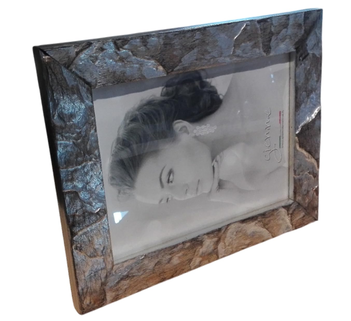 PRESTIGE & DELUXE Cornice Portafoto Bianco effetto materico oro 15x20 cm – Legno Naturale con Supporto da Tavolo - Porta Foto Elegante per Casa e Ufficio idea regalo