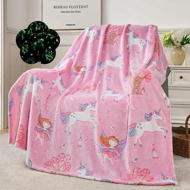 PRAMIT -Pink -Unicorn- Glow-in-The-Dark Polar Fleece Blanket for Kids – Soft Lightweight Single Bed Blanket (200x152 cm) | All-Season Jacquard Print, Assorted Multicolor – Unicorn Design (Pink)