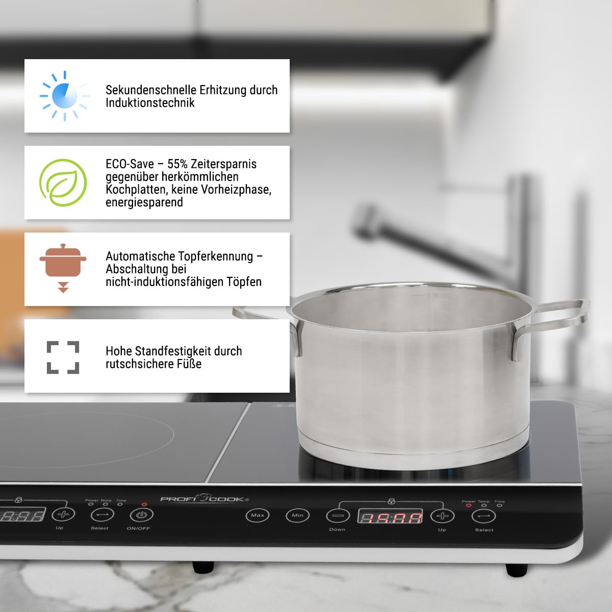 Proficook DKI 1067 Placa de inducción doble portátil, 10 niveles de temperatura, 3500 W, Negro
