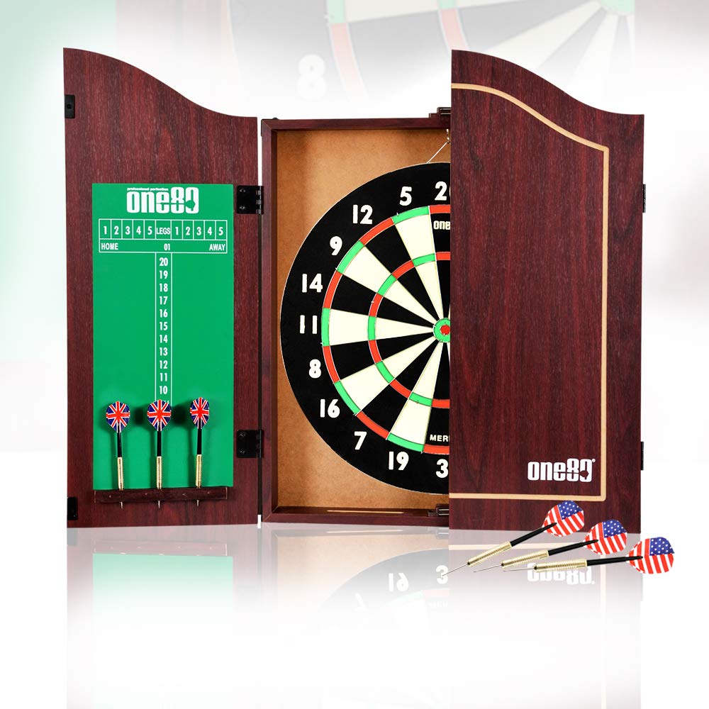ONE80 All-in-One Dartgame Center with Self-Healing Sisal Dartboard & Multifunctional Cabinet. 12 Steeltip Darts and Mounting Kit Included (Paper Dartboard Cabinet Set)