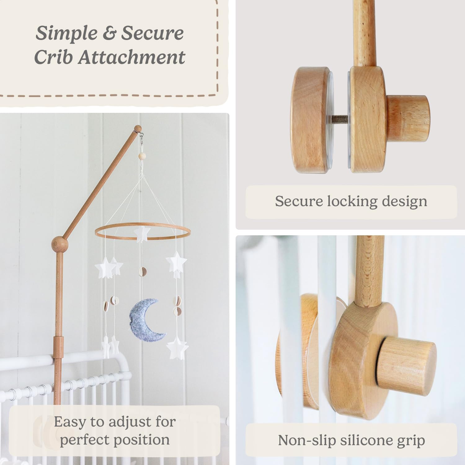 Soporte de madera para cuna de bebé, colgador móvil para cuna (31 pulgadas, 100% madera de haya natural), fuerte antideslizante, decoración de guardería y accesorios de regalo (original)