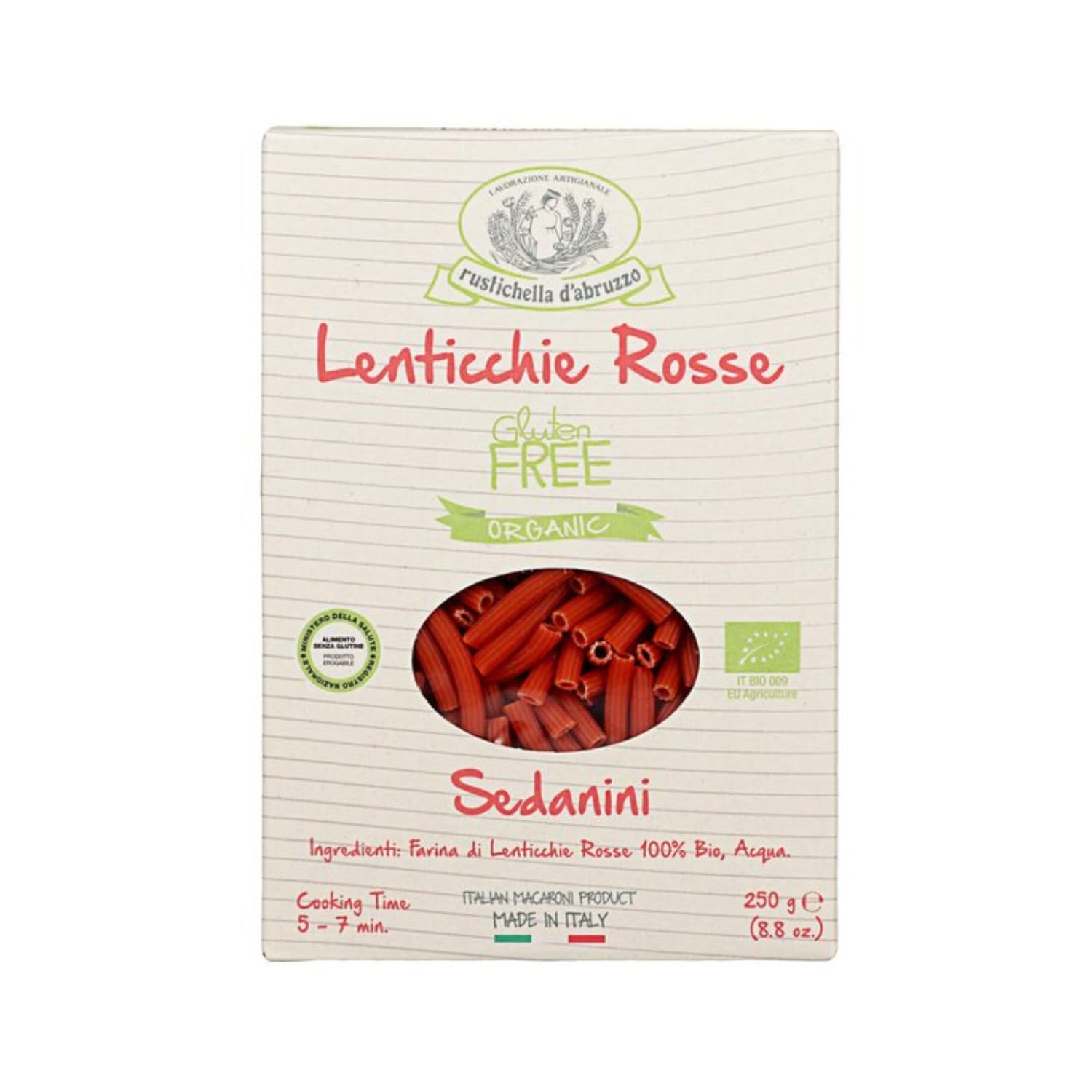 Rustichella d'Abruzzo | Sedaniny z czerwonej soczewicy | Mąka krótka mąka BIO bezglutenowa czerwona soczewica - 1 x 250 g | Włoski rzemieślniczy makaron wegański bogaty błonnik