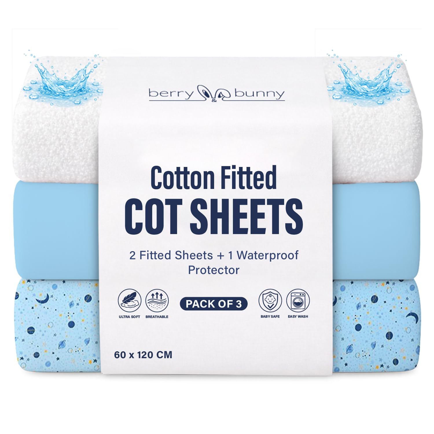Berry & Bunny 3 Pack Cot Bed Sheets 120 x 60 cm – 100% Cotton 2 Fitted Sheets & 1 Waterproof Mattress Protector Cover – Soft Breathable Cot Sheets for Baby Mattress – Blue Galaxy
