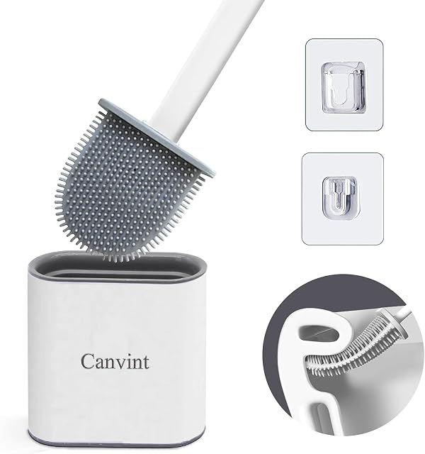 Silicone Toilet Brush and Holder Set, Bathroom Deep Cleaning Bowl Buddy Toilet Brush with Soft Flexible Bristles and No-Slip Plastic Handle, Silicon Toilet Brushes with Base for Anti-drip (White)