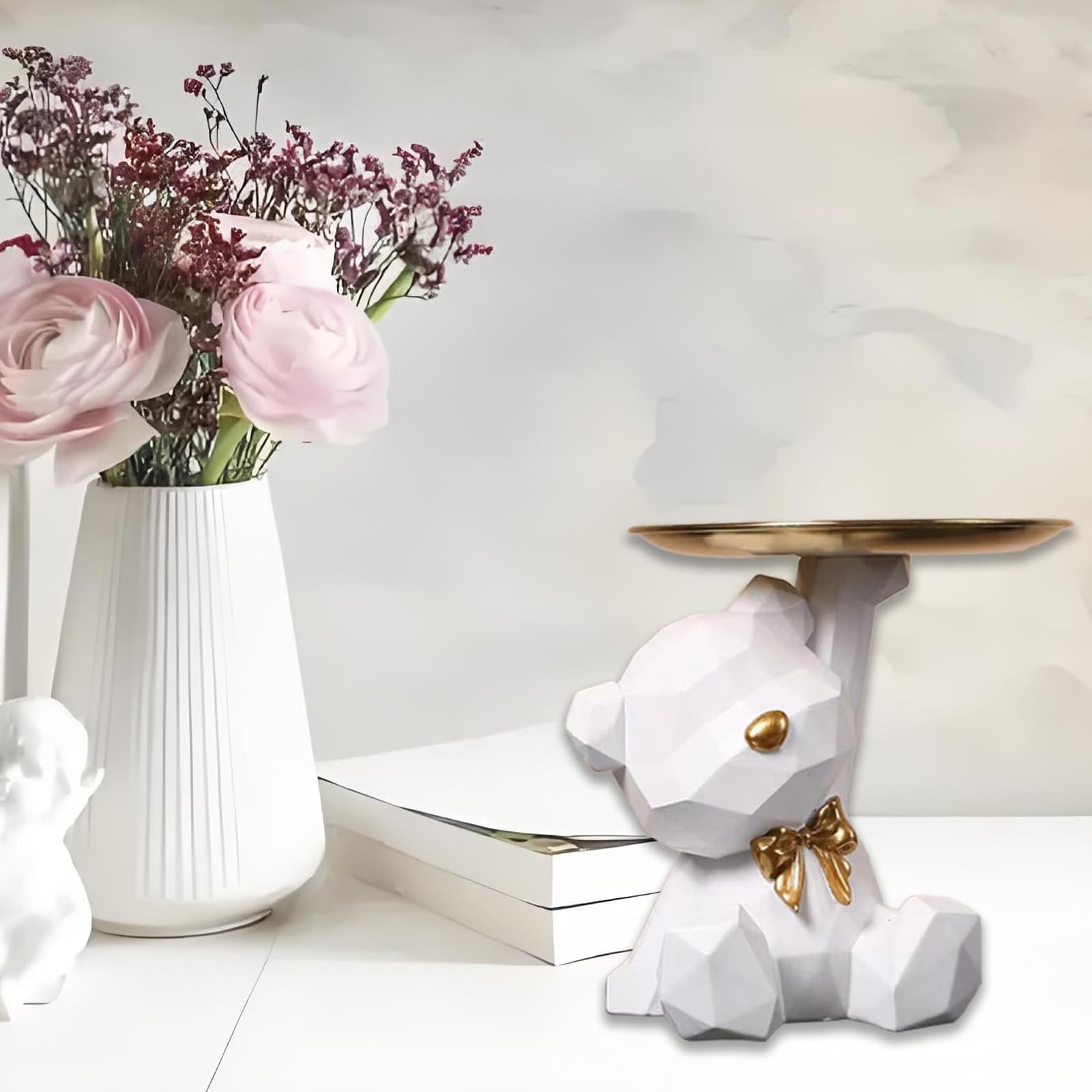 Sculpture d'Ours en Résine Plateau Décoratif, Statue de Rangement Mignon (Blanc)