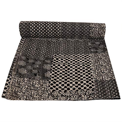 Janki Creation Exclusive Black and White Kantha Quilt, Bohemian Bedspread, Bohemian Bedding, Handmade Kantha Quilt, King Size Kantha Quilt, Patch Quilt, Bed Cover, King Kantha Bedspread 90X108 Inches