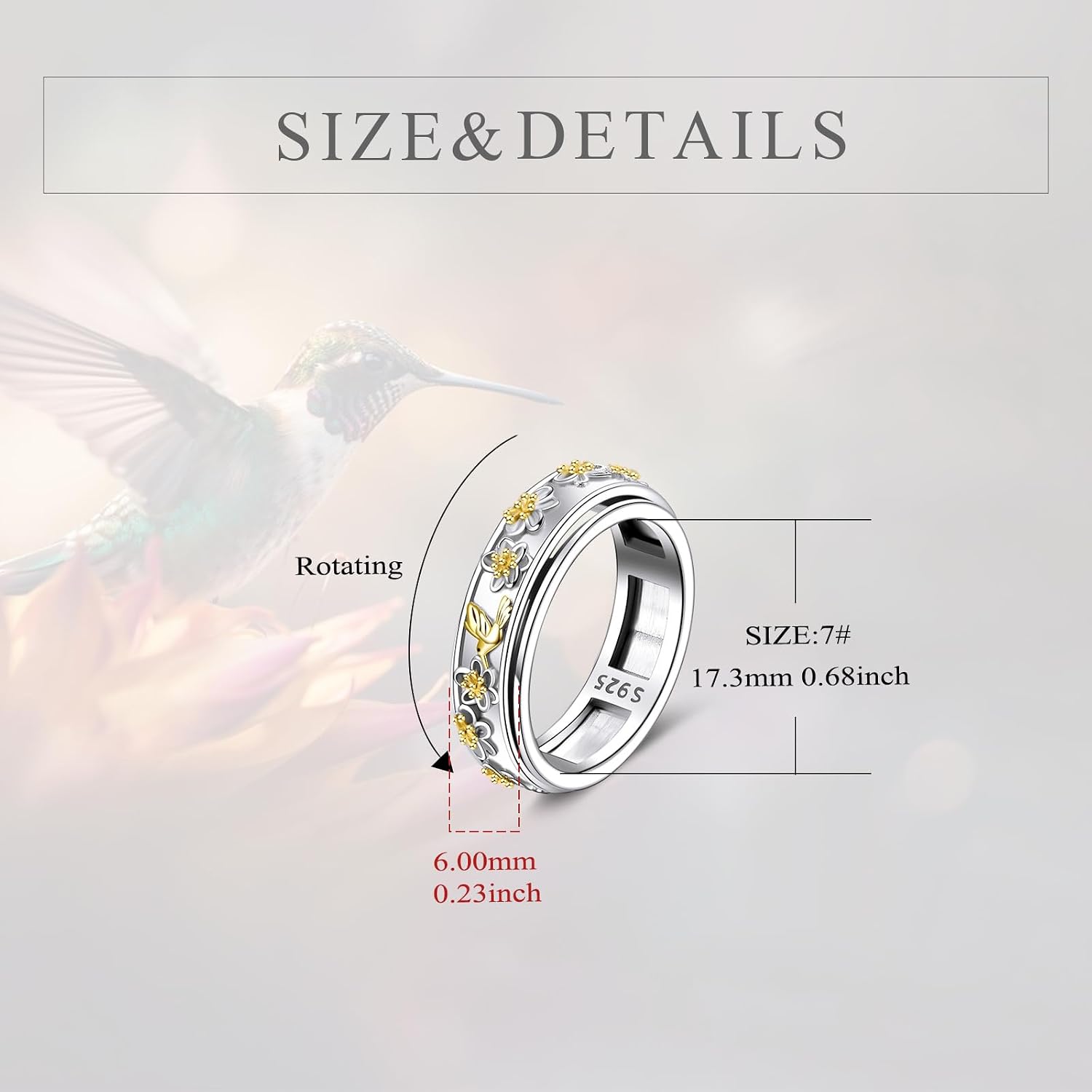 POPLYKE Sterling Silver Anxiety Spinner Rings Rotatable Mood Rings for Women Relieve Stress Gift