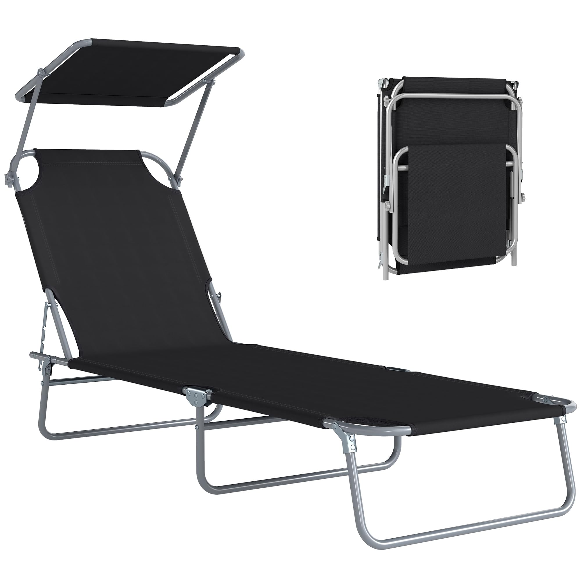 Outsunny Outdoor Foldable Sun Lounger, 4 Level Adjustable Backrest Reclining Sun Lounger Chair with Angle Adjust Sun Shade Awning for Beach, Garden, Patio, Black