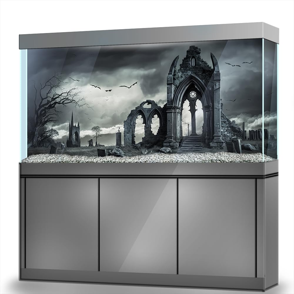 LYYAB Aquarium Background Stickers - Ruins Arch Tombstone Tower - Fish Tank Reptile Terrarium Decor Poster (45 x 30 cm / (17.7 x 11.8 inches))