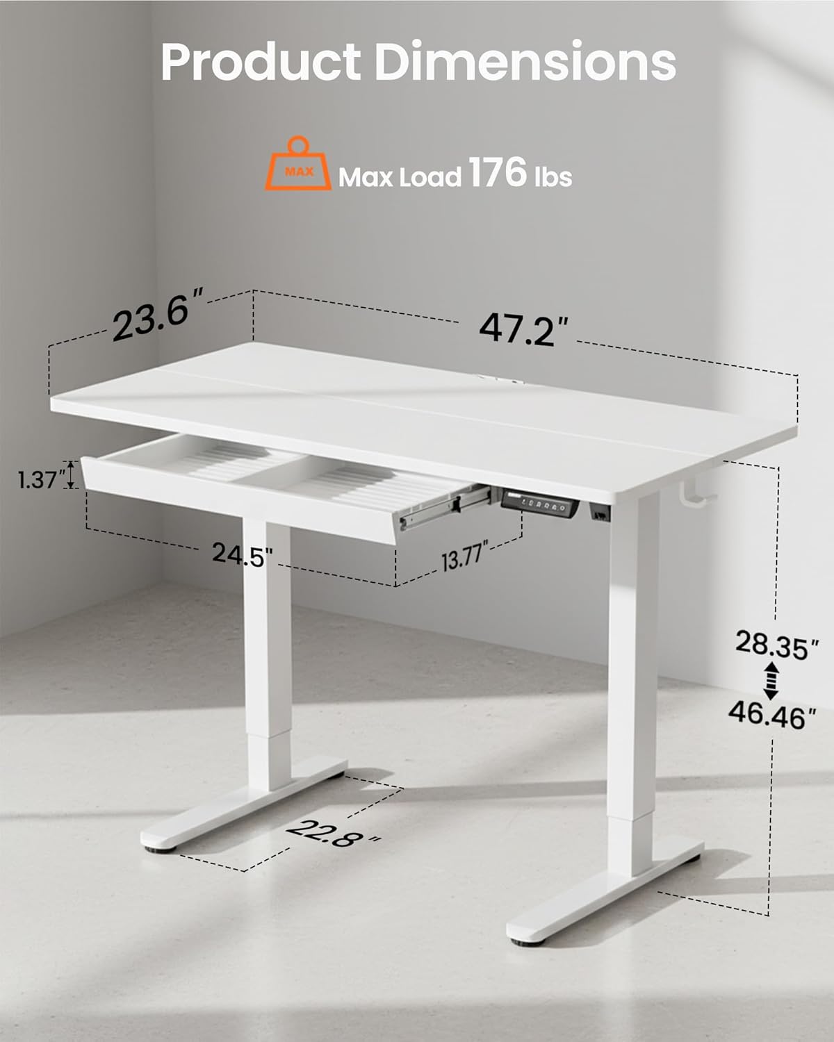 ErGear 48 x 24 inch Electric Standing Desk Adjustable Height with Drawers, 4 Memory Height Settings, Sit Stand Up Desk for Home Office & Computer Workstation, White