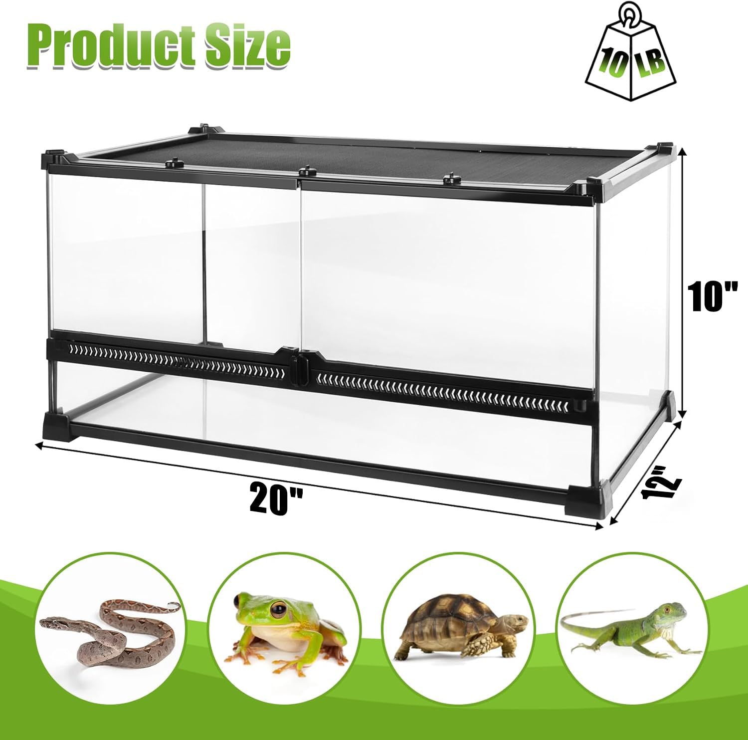 Terrario per rettili, 50,8 x 30,5 x 25,4 cm, contenitore in vetro per piccoli rettili, gechi, rane, lucertole, serpenti, ragni, tartarughe, habitat per terrari della foresta pluviale