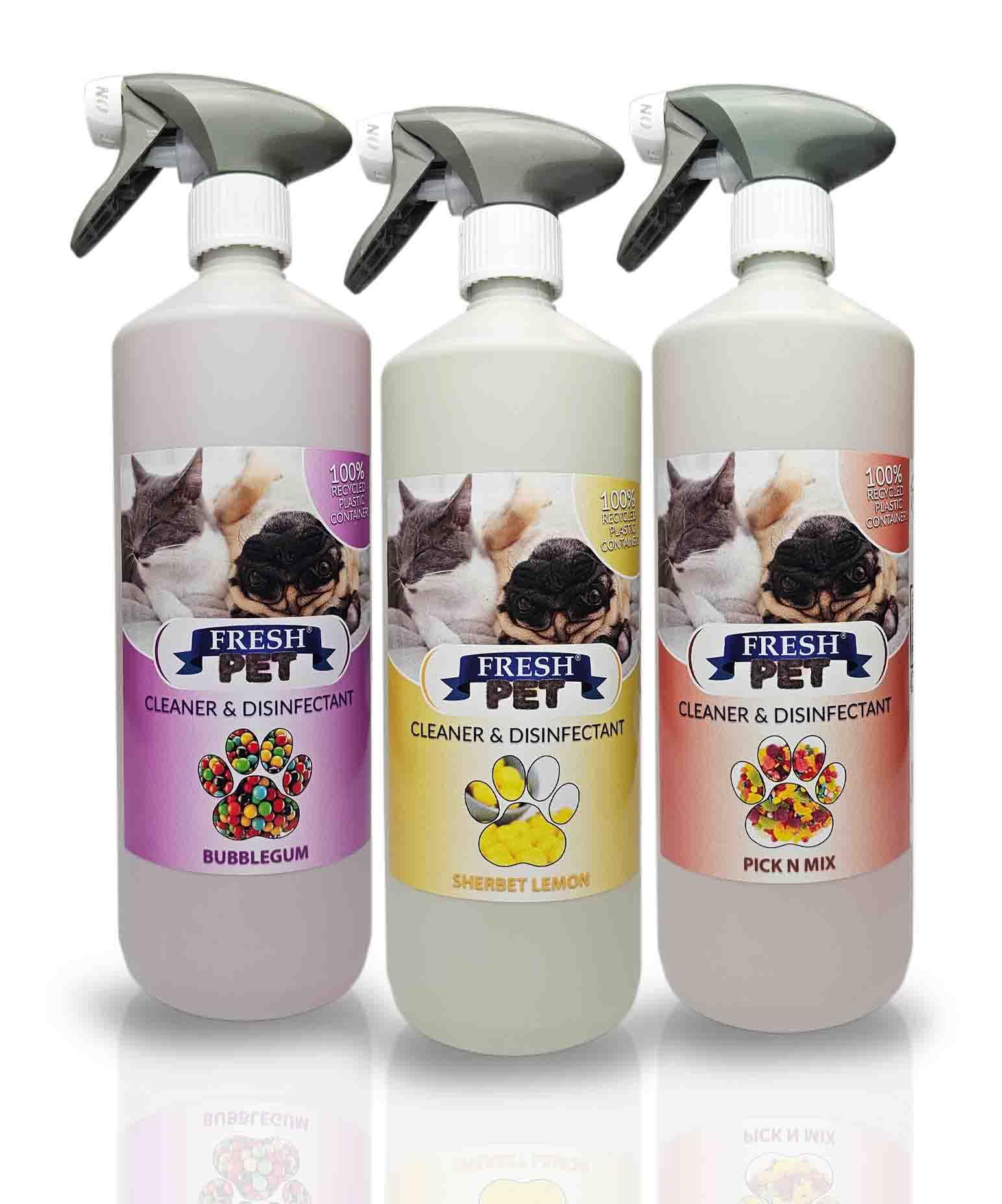 Pet Disinfectant Pre Filled 3x1L Spray 100% Recycled Bottle, Deodoriser, Cleaner, Kennels, Artificial Grass (Sweet Shop Pack)
