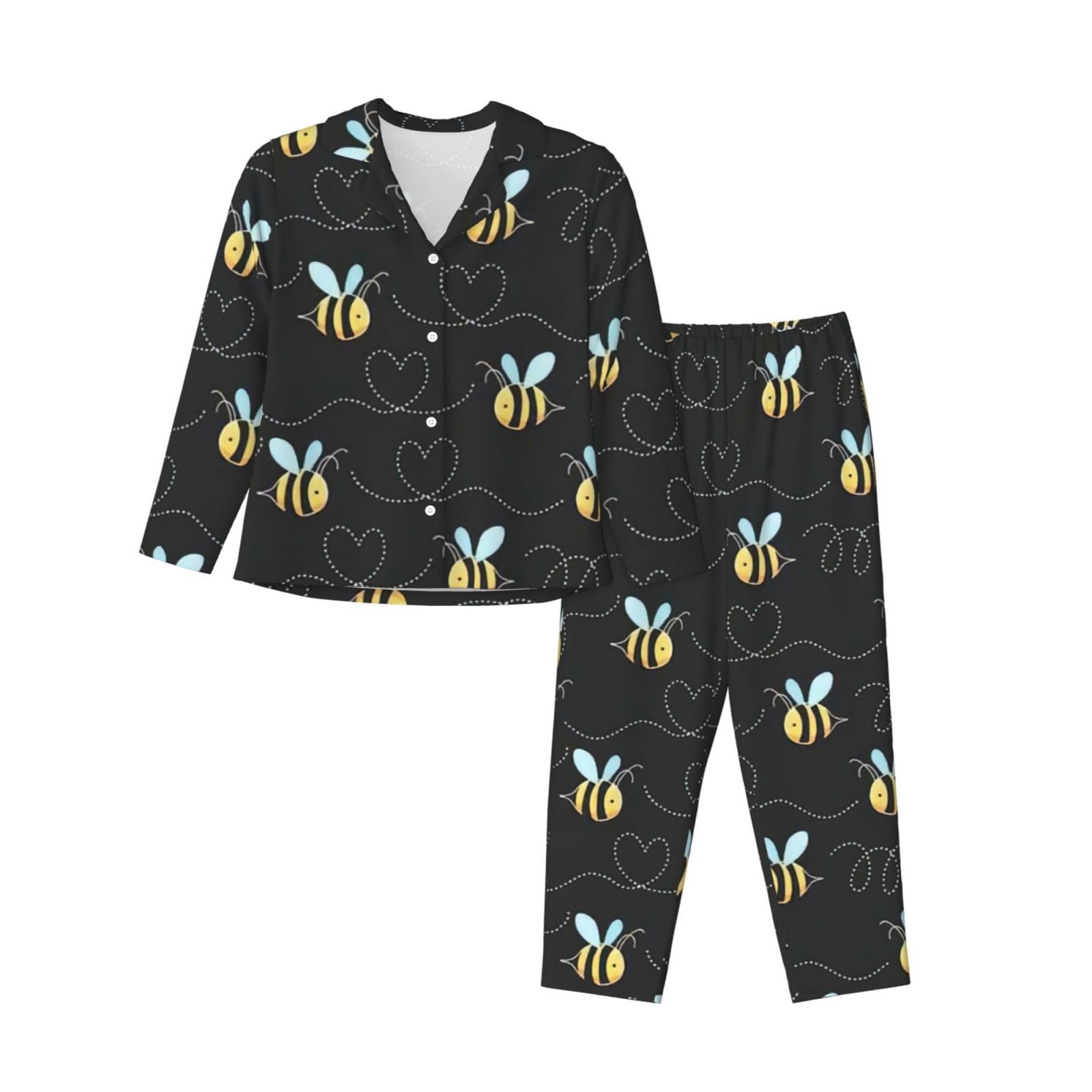 Limpac Women's Black Bee Flying Print Pajama Set, Long Sleeve Button Down Pjs Sleepwear, Cozy Lounge Nightwear, S