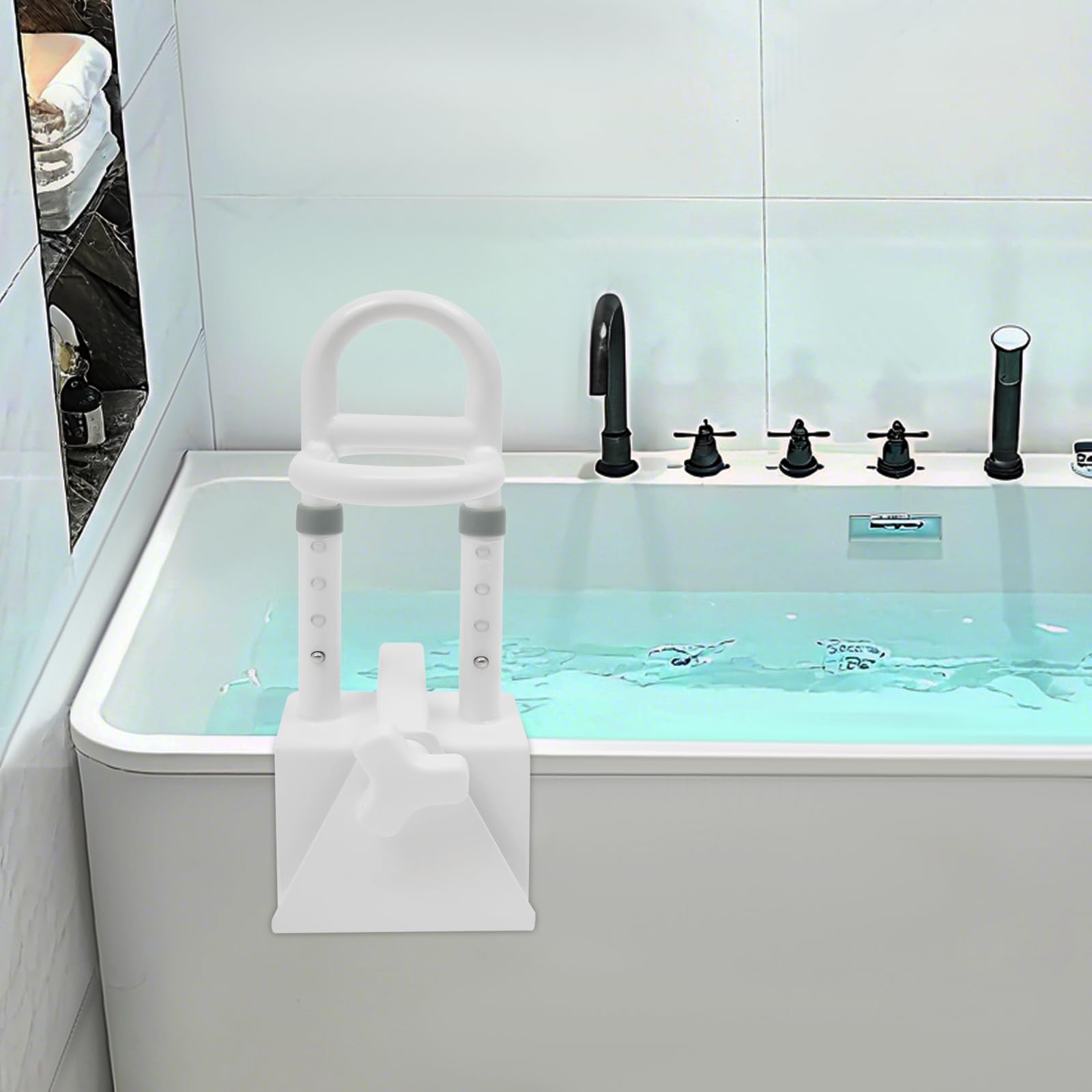 Asidero para bañera para personas mayores, mango de bañera sin taladrar, mango triple, barra de seguridad de hasta 136 kg, color blanco