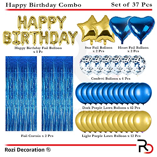 Image of Rozi Decoration Happy Birthday Gold & Blue Theme Combo Kit Including Curtains, Star, Heart Metallic & Confetti Balloons for Boy, Men Set of 37 Items