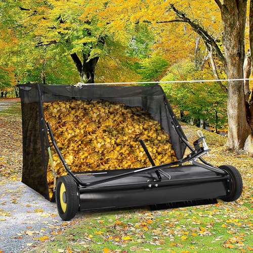 52 Heavy Duty Tow Behind Lawn Sweeper - 26 Cu.ft Hopper Adjustable Sweeping Height Pull Behind Yard Sweeper for Leaves Grass & Debris Compatible with Riding Mowers Tractors ATVs Black