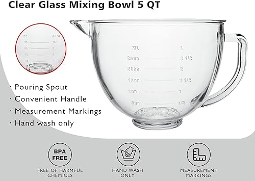 Miniatura 2 de Tazón de mezcla de vidrio de 5 cuartos de galón, cuenco de mezcla para KitchenAid de 4.5 y 5 cuartos de galón, mezclador de pie de 5 cuartos para