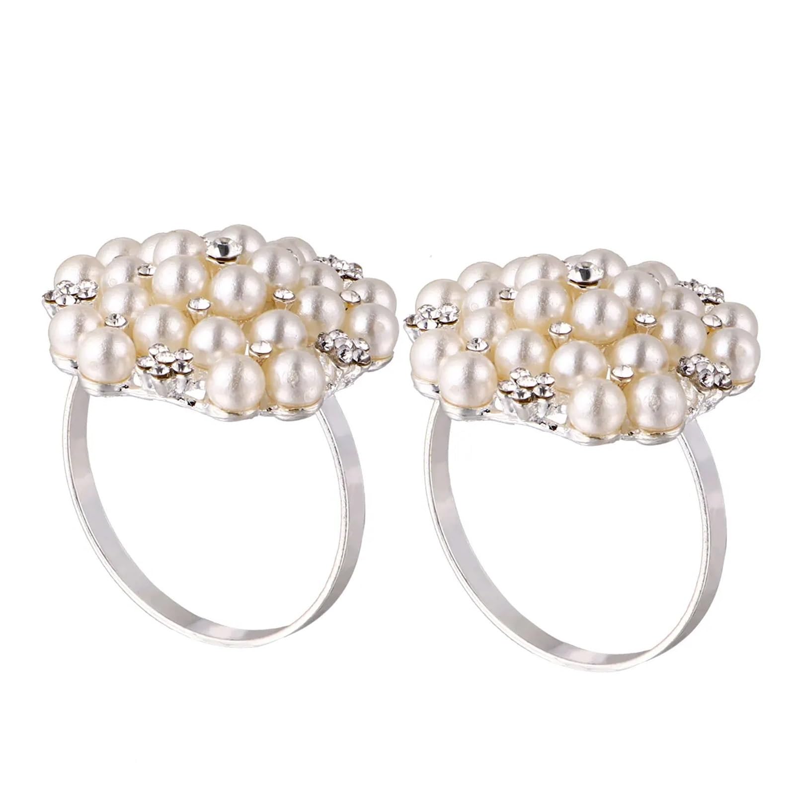 Napkin Rings Silver Plating Napkin Buckle Diamond and Pearl Embellished Metal Ring for Formal Dinner(Silver)