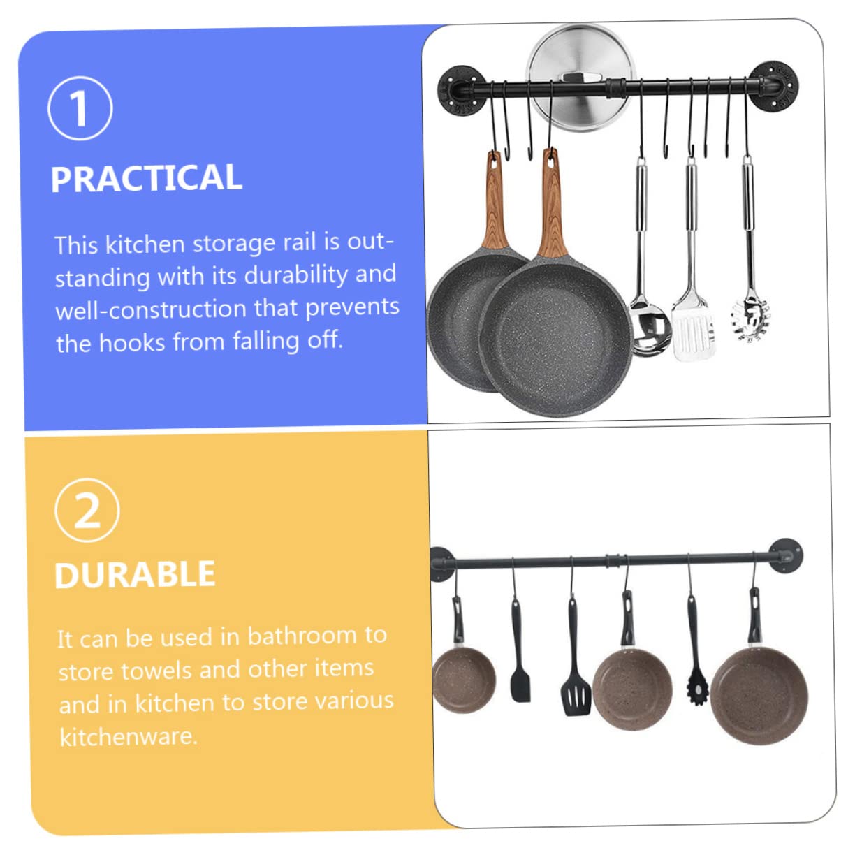 BESTYASH Porta Pentole in Ferro Nero, Rack da Parete con Gancio | Montaggio a Muro, per Cucina e Bagno, Supporto per Coperchi e Asciugamani, Design Salvaspazio