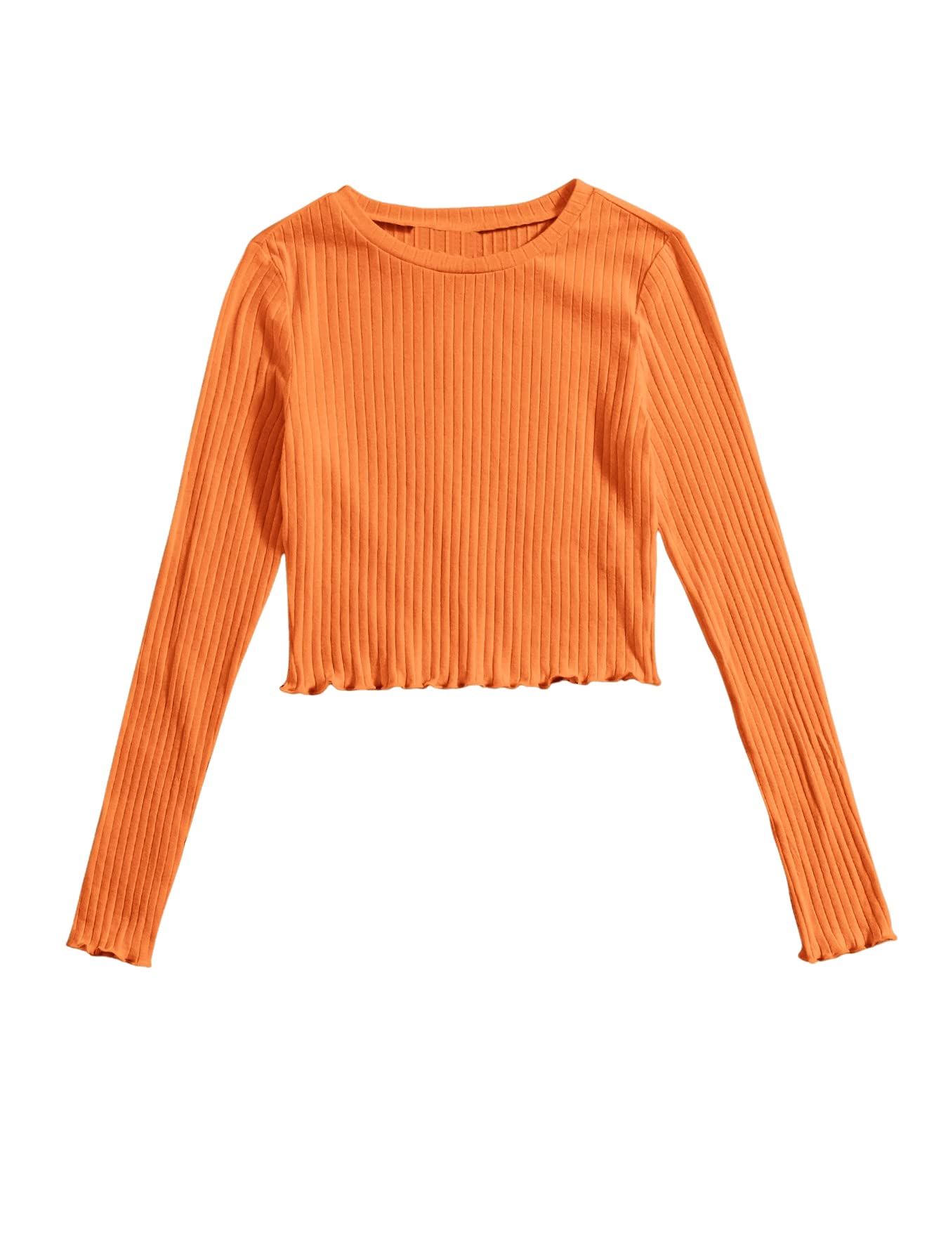 SweatyRocks Women's Long Sleeve Crop Top Ribbed Knit Lettuce Trim Tee Shirt