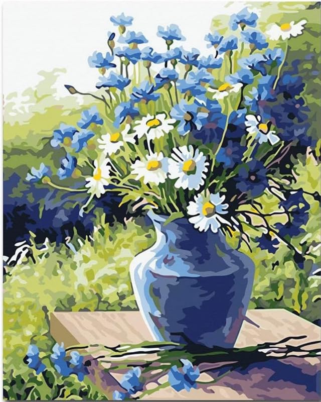 Image of TULIP N TURTLE Blue VASE DIY Acrylic Paint by Number Kit for Adults Kids Beginner Number Painting kit DIY Canvas Painting by Number Wall Decoration DIY Painting kit for Adults