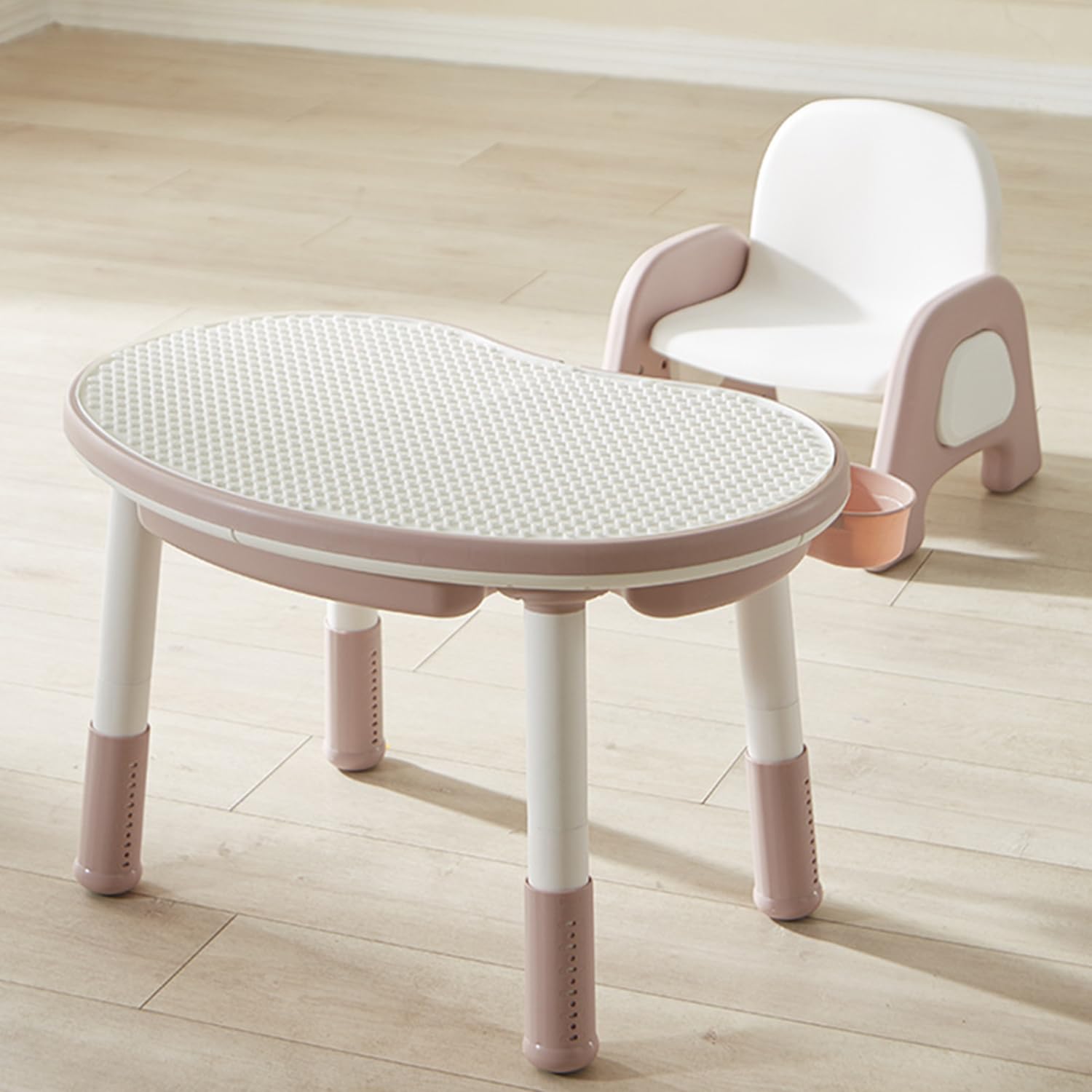 Children Table with Chair, 2in1 Table with 2 baskets, Multi-functional Building Block Table, Learning Eating Table with adjustable legs, Liftable Game Desk, Children Educational Furniture (Smoke Pink)