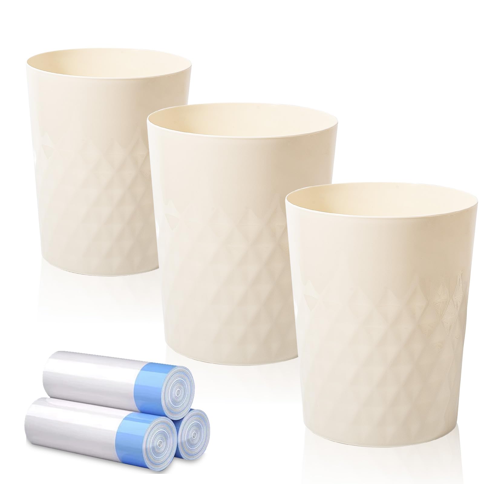 Photo 1 of 3 Pack Small Bathroom Trash Can with Trash Bags Plastic Garbage Can Beige