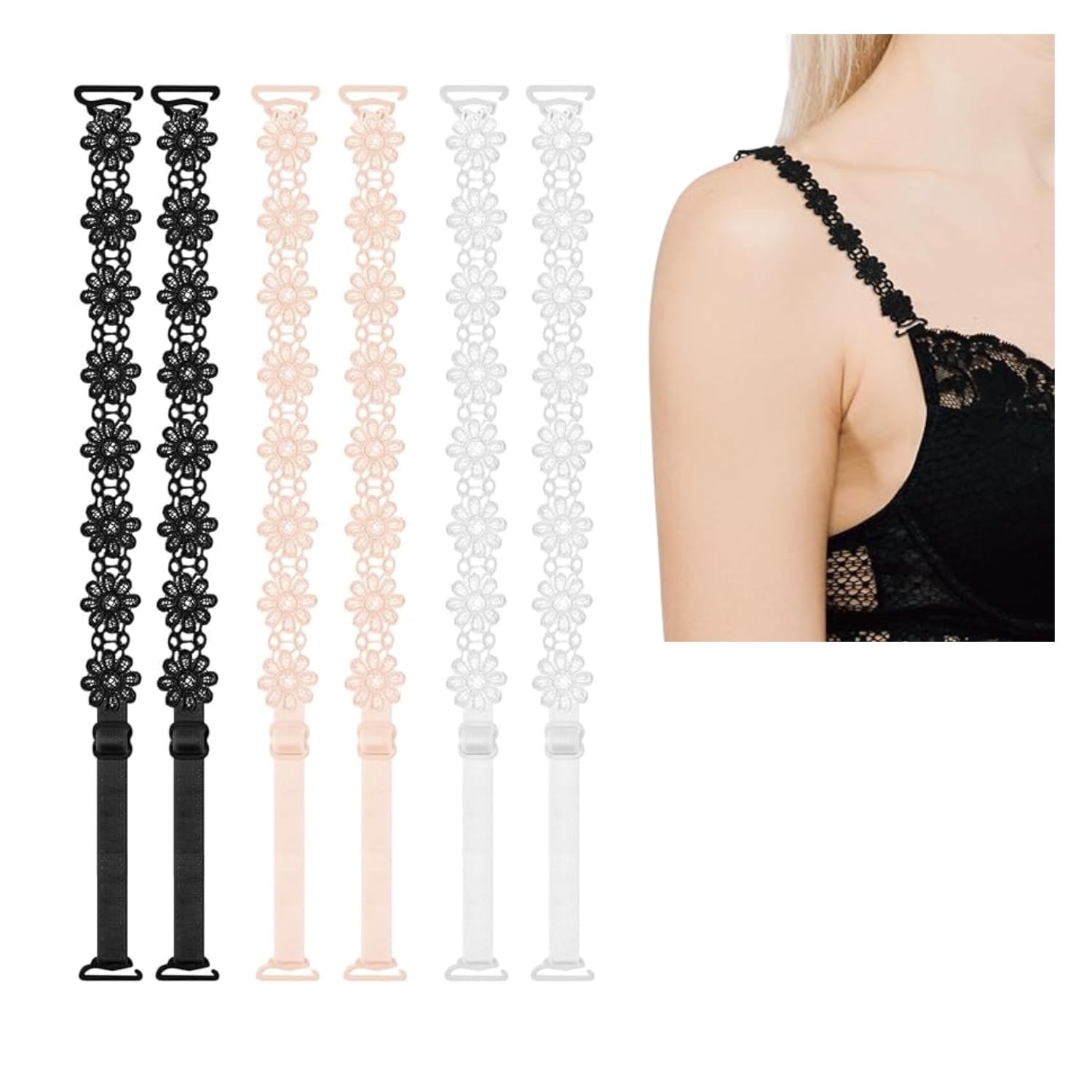 Fancy Floral Bra Straps for Women – Set of 3 (Black, White & Nude) | Adjustable Satin & Lace Replacement Straps | Removable, Non-Slip, Transparent & Invisible Options for Bras, Tops & Dresses