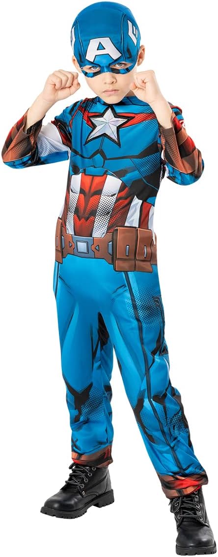 Rubies Disfraz Capitán América para niño, Jumpsuit estampado con estrella brillante y máscara, Oficial Marvel, Disfraz sostenible Green Collection para carnaval, navidad, halloween y cumpleaños