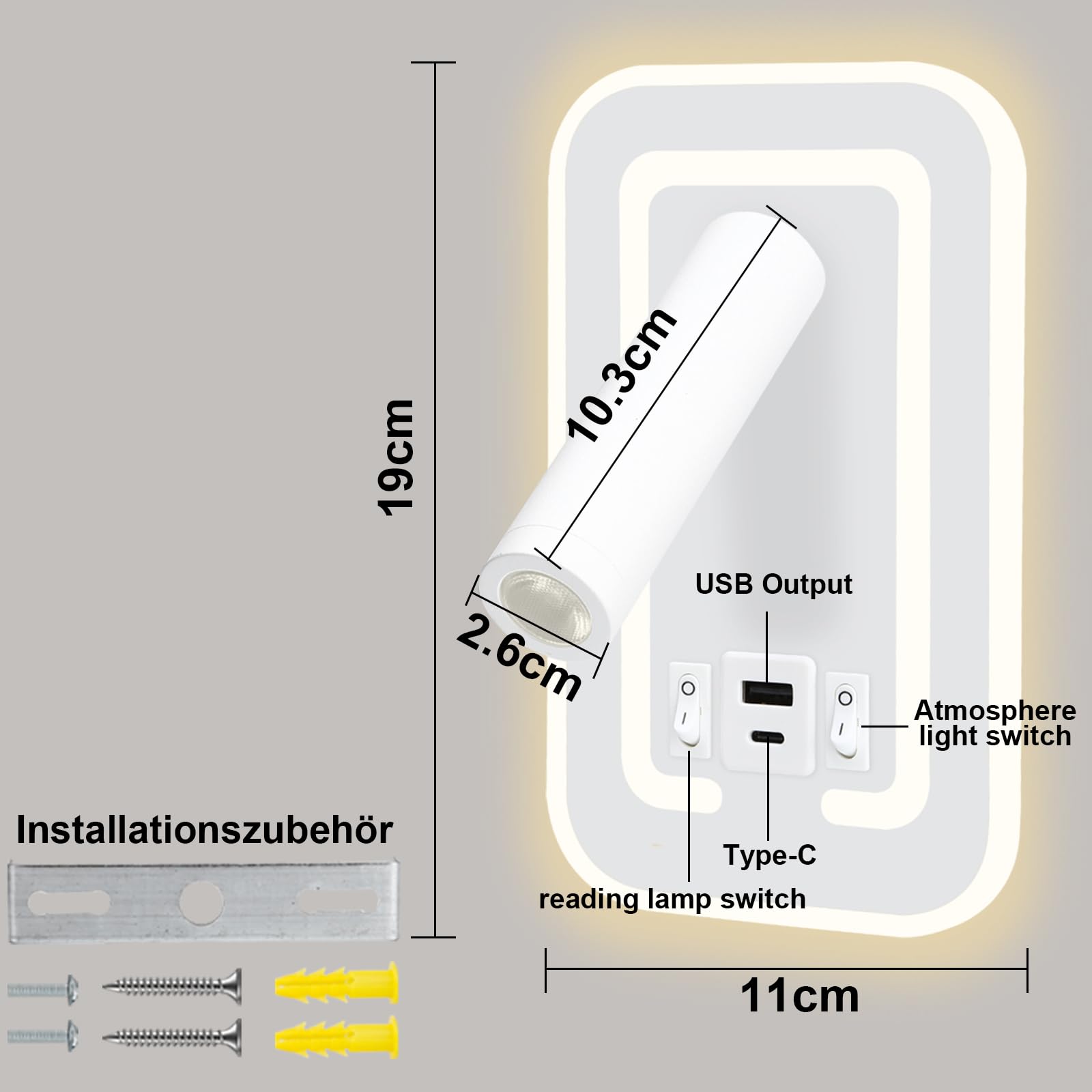 HUIZHOU Aplique de Pared LED 3W + 9W, Lámpara de Lectura con Puerto USB, Luz de Cabecero Giratoria 3000K, Flexible y Moderna para Dormitorio, Escalera y Pasillo (rectangular Blanco)