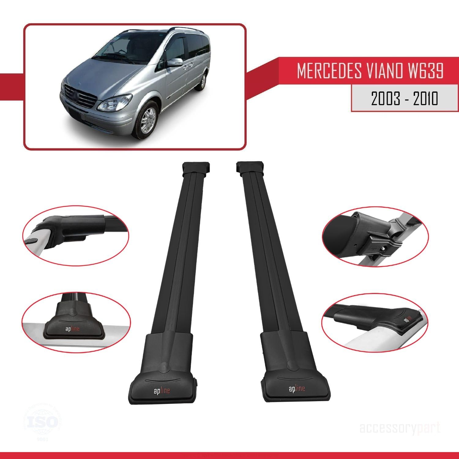 Compatible con Mercedes Viano 2 (W639) Pre-Facelift 2003-2010 Modelo Fly Barra de Techo Auto Portaequipajes Barras Transversales Negro Aluminio 2 Barras