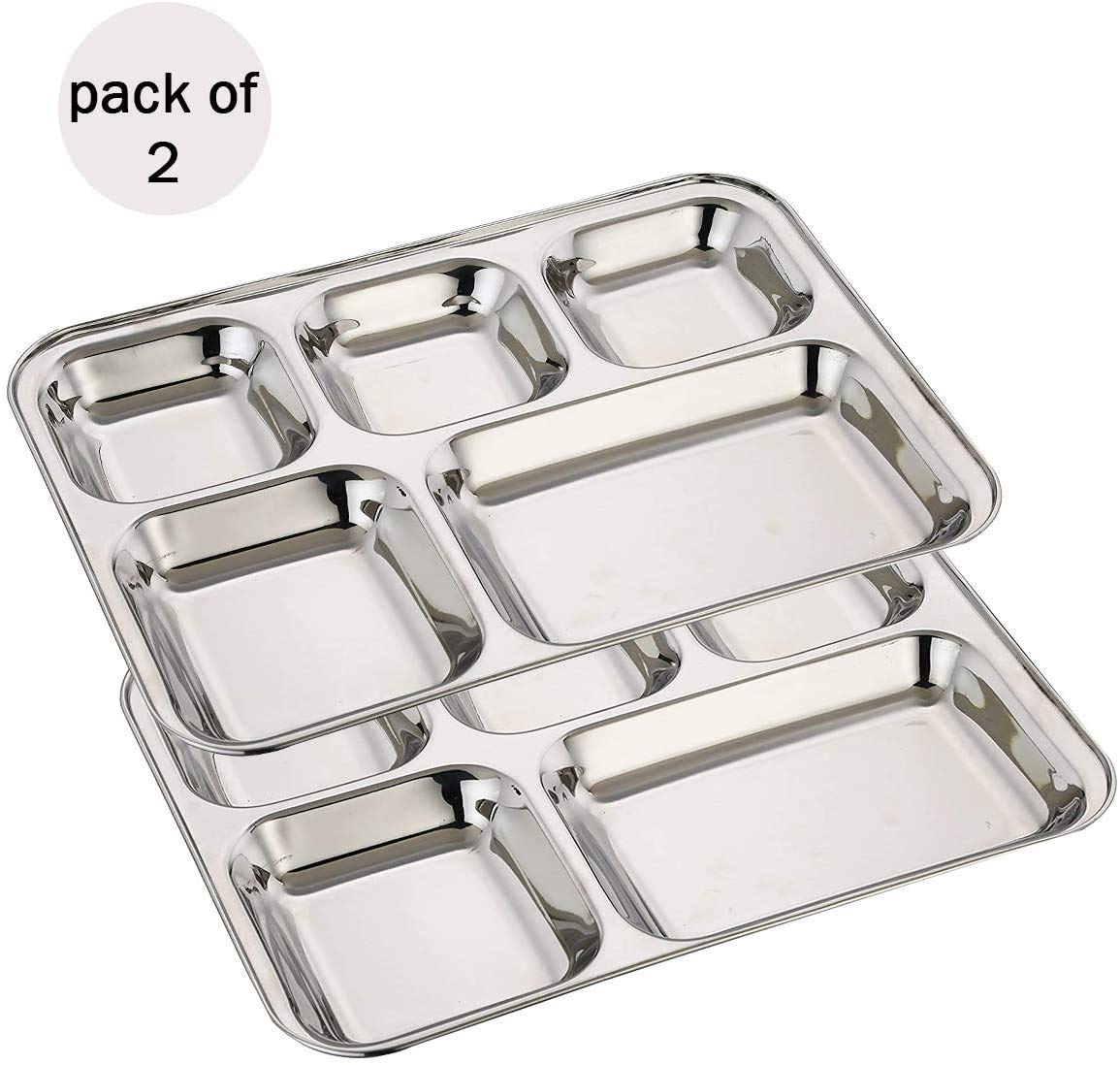 WhopperHeavy Duty Stainless Steel Rectangle/Square Deep Dinner Plate with 5 Sections Divided Mess Trays for Kids Lunch, Camping, Events & Every Day Use 29.21 cm Each Set of 2 Pcs