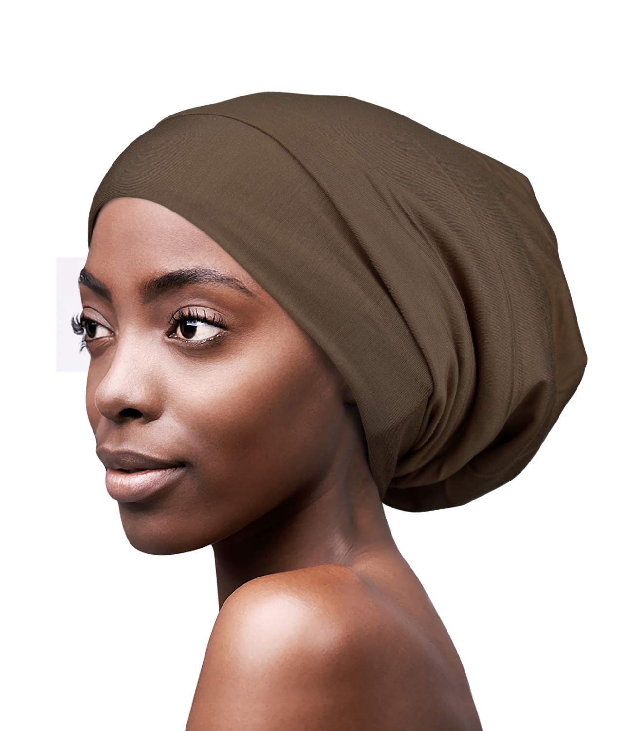 Focuscare Cuffia Da Notte Foderata In Raso Per Ragazza Riccia Copricapo Morbido Regali Per Capelli Freschi Donne, Marrone, Taglia Unica-image