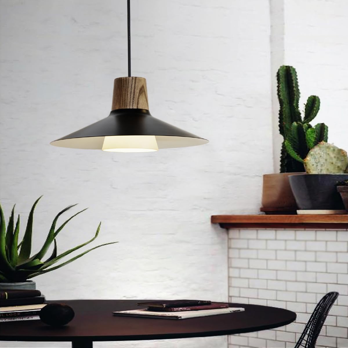 Lampa Wisząca 1 Płomień Czarna, Drewniana w Stylu Vintage Duża, Metal Przemysłowy, Szklany Klosz, Regulowana Wysokość, Nowoczesna E27 Do Salonu, Sypialni, Jadalni, Kuchni