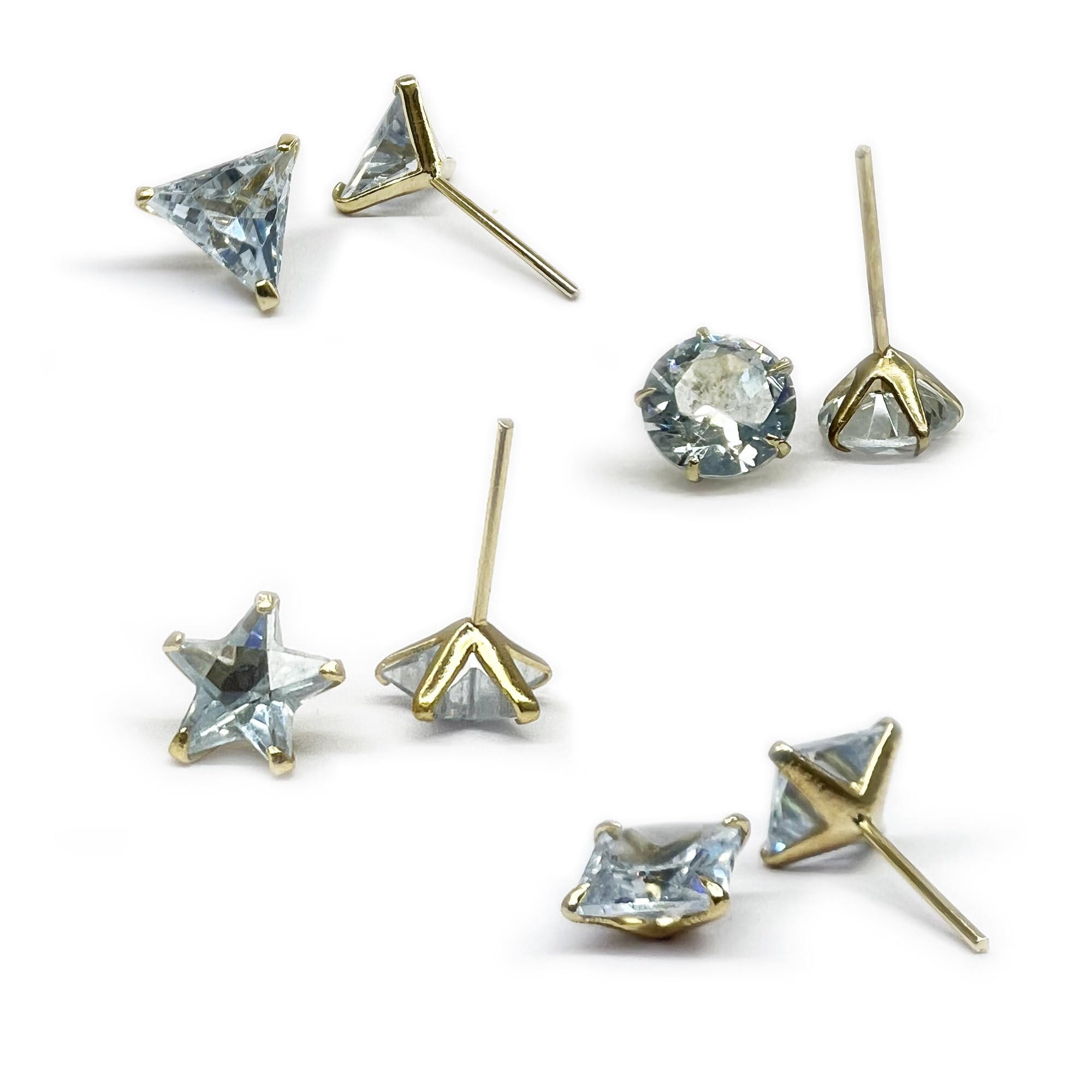 Stunning Solitaire AD Brass Stud Earrings for Women - 4 Shapes (Square, Triangle, Round, Star) in 4 Sizes (Stud Size 5,6,7,8 mm)