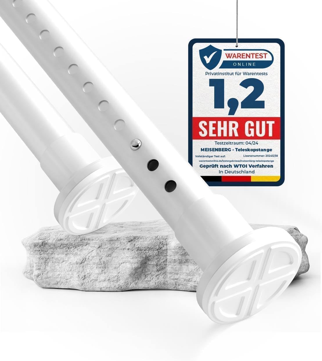 MEISENBERG Barra de cortina inoxidable sin taladrar, 310-360 cm, diámetro de 32 mm, blanco, barra telescópica extensible para sujetar a la pared, para balcón y pared divisoria