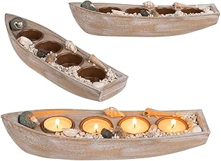 Wooden Boat for 4 Tea Lights with Shell Decoration and Stones, Approx. 28.5 x 7.5 x 6 cm, Beige