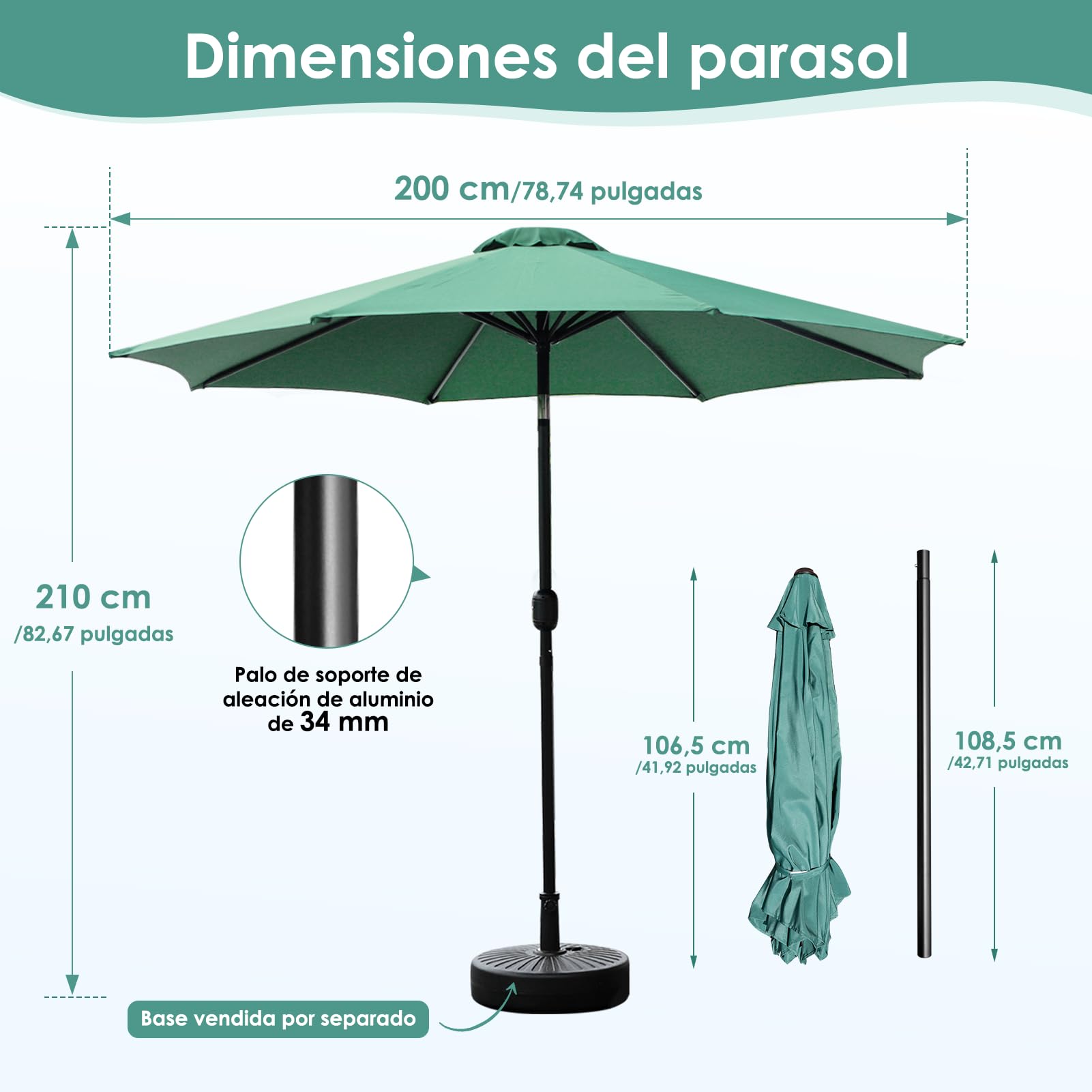 DEWEL Sombrilla de jardín, ángulo de inclinación ajustable y apertura/cierre manual, sombrilla de playa, resistente a los rayos UV e impermeable