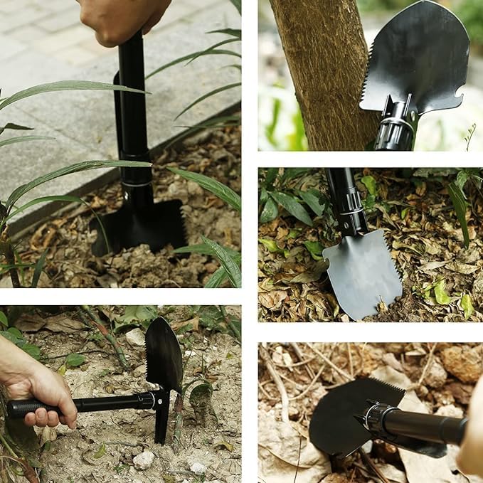 Image of Folding Shovel 16 inch Camping Military Style Survival w /Pick Tool & Case Garden Tool Kit Shovel Portable Folding Shovel (Green,Black)