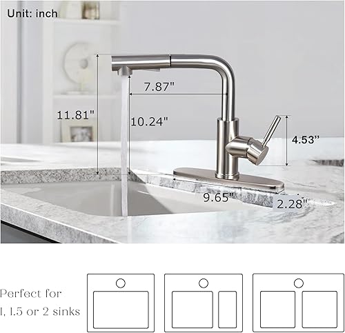 Miniatura 4 de Peppermint Grifos de cocina con rociador extraíble, grifo de níquel cepillado para fregadero de cocina, una sola palanca, grifo de fregadero de