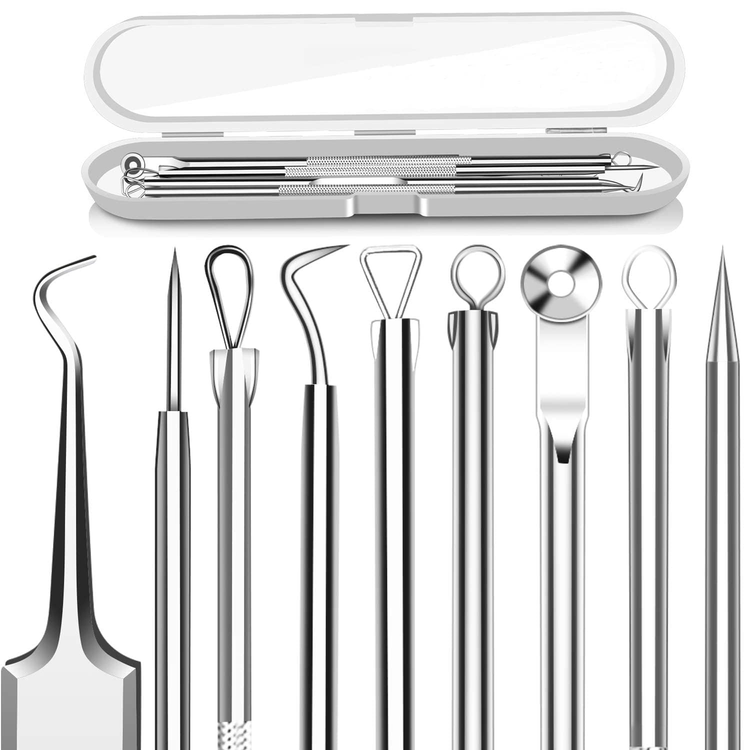 KhaznaAcne Needle Tool Sets, 5 Pcs Stainless Steel Blackhead Remover Pimple Popper Kit, Pimple Tweezers Extractor Comedone Extractor Tool Blackheads Treatment Blemish Remover Kit with Case