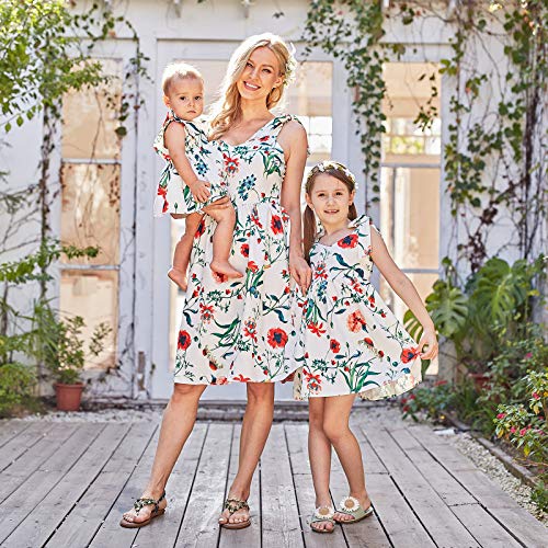 PopReal Mommy and Me Floral Printed Dresses Shoulder Straps Bowknot Chiffon Sleeveless Beach Mini Sundress2