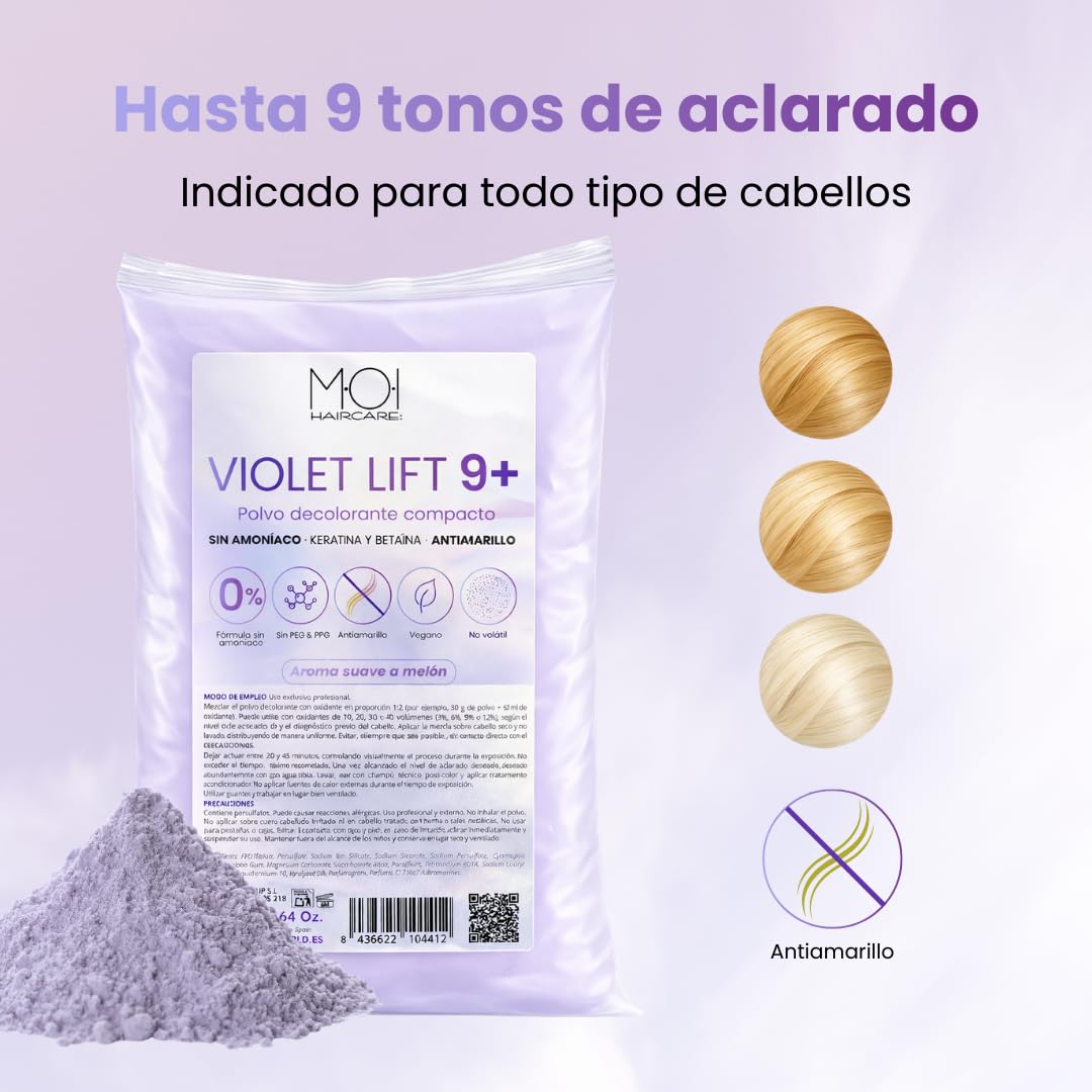 Polvo Decolorante Profesional Violeta 9 tonos de aclarado | Fórmula SIN AMONÍACO | DUST FREE | Antiamarillo | Protege la fibra capilar gracias a la Keratina y Betaína | Olor a Melón. 500g MOI HAIRCARE — view 7