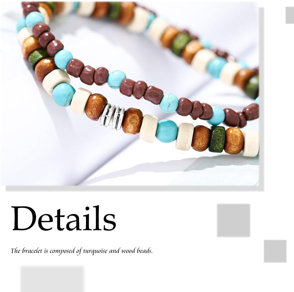 Boho Turquoise Bracelet Wooden Beaded Bracelets Stretch Wrap Bracelet Jewelry for Women and Men 2Pcs
