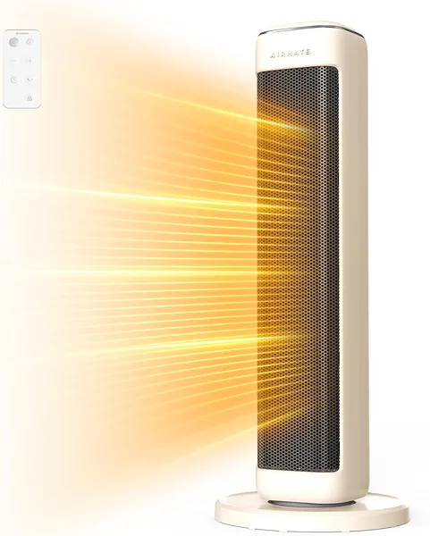 AIRMATE 25" Space Heater for Indoor Use Large Room, Ceramic Tower Electric Heater with Thermostat, Oscillating Room Heater with Timer, Remote Control, Overheat Protection heater for Bedroom(Beige)