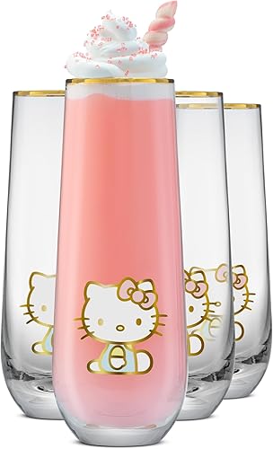 JoyJolt Hello Kitty Stay Gold Copas sin pie tipo flauta, Juego de 4 vasos para beber de 9.4 onzas, vasos Highball Sanrio, juego de vasos de cocina