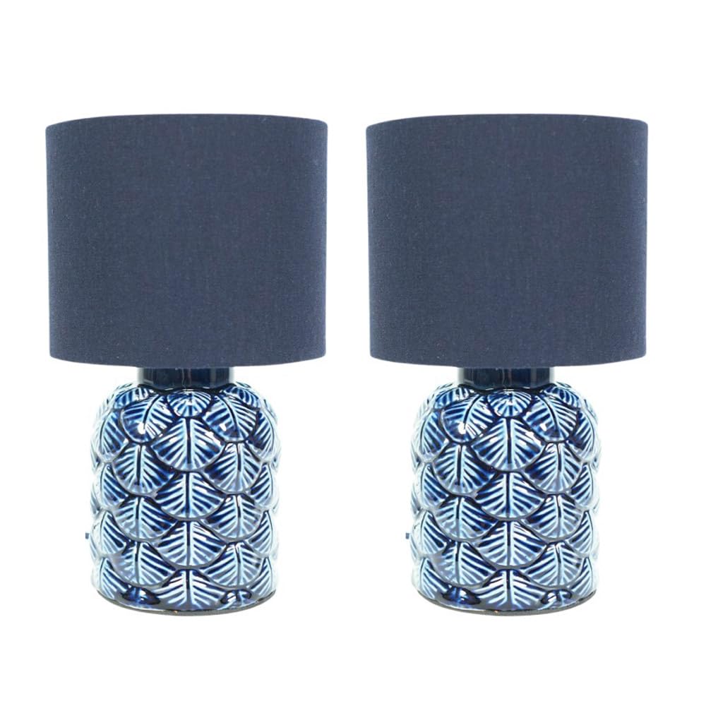 Valuelights Blue Priyah Pair Of Navy Ceramic Scallop Table Lamps With Fabric Shades & Led Bulbs In
