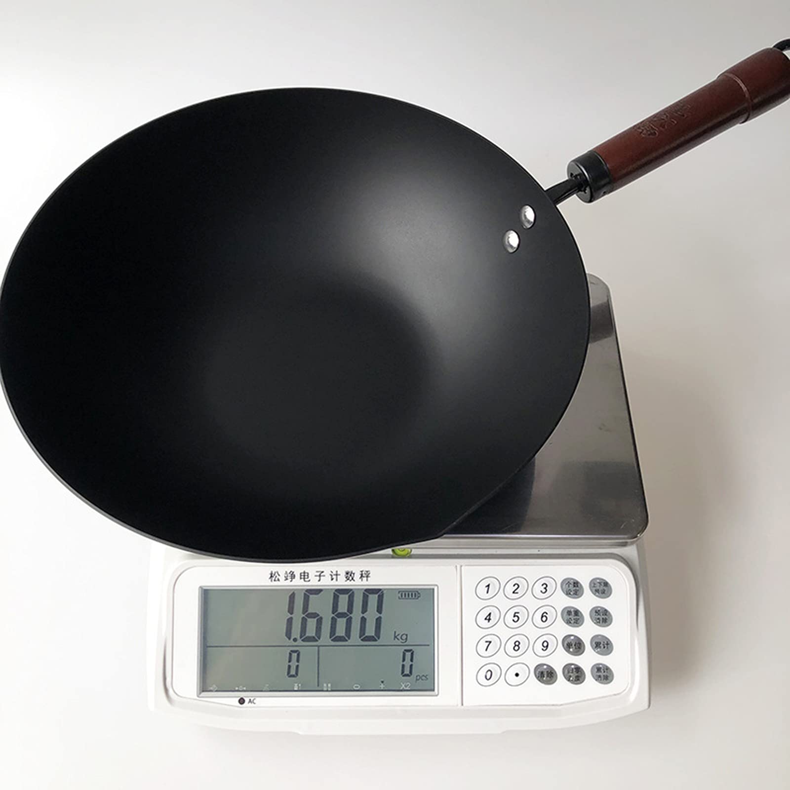Wok de Hierro con Mango de Madera y Tapa Wok Tradicional de Fondo Plano y sartén para salteados y Comidas asiáticas