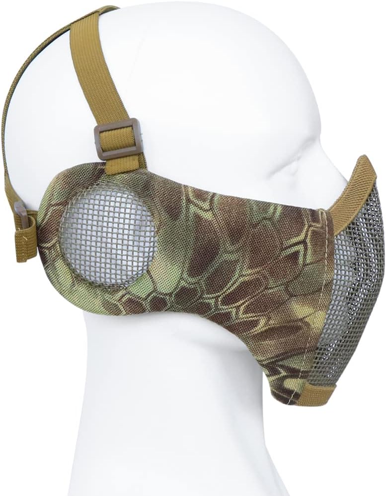 Airsoft Half Face Mask and Hat Set Steel Mesh Mask with Ear Protection and Baseball Cap Tactical Protective Mask for CS Game BB Gun Paintball Hunting Shooting