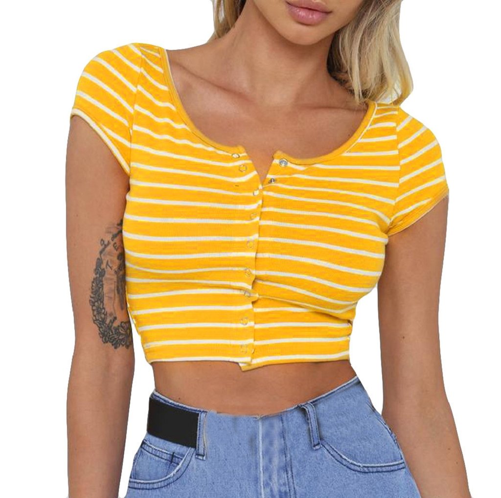 TUDUZ Women's Crop Top Stripe Short T Shirt Short Sleeve Buttons Tee Tops Slim Club Blouse X-Large Yellow
